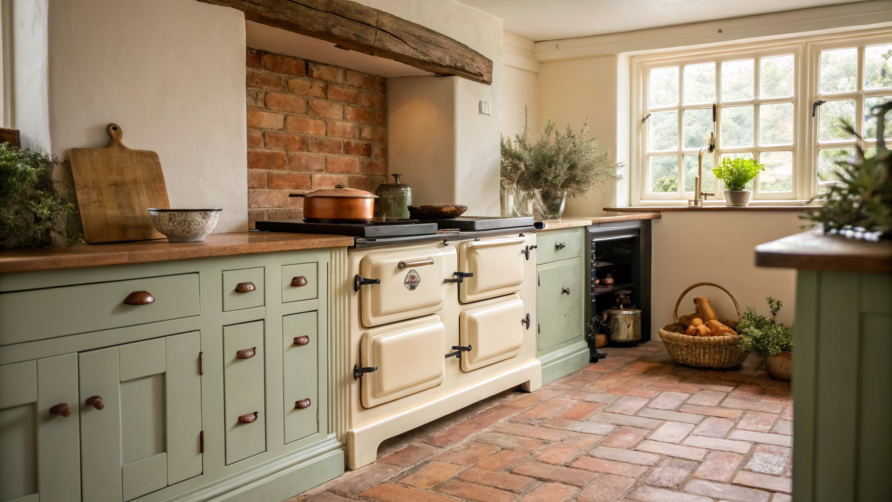 A cream range cooker set into a warm country kitchen